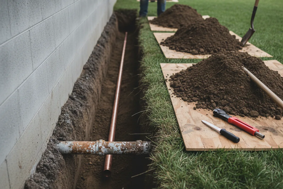 Excavated water line trench during Water Heater Repair in Mount Sinai